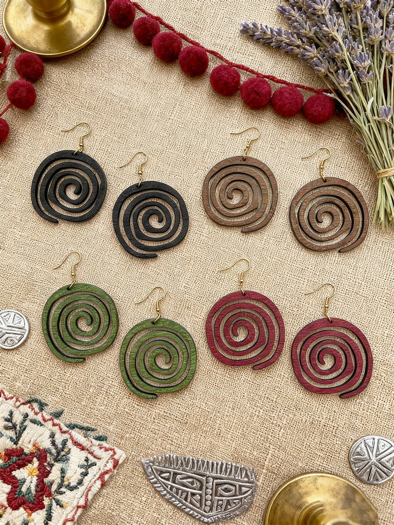 Ethnic Wear In Fashion - 4 Pairs/Set of Vintage-Style Wooden Geometric